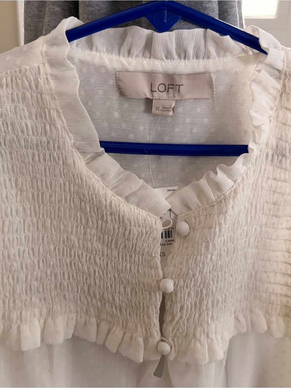 LOFT White Smocked Ruffle-Trim Button Front Blouse